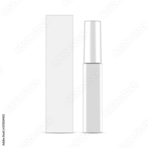 Glossy mascara tube with packaging box mockup isolated on white background. Vector illustration