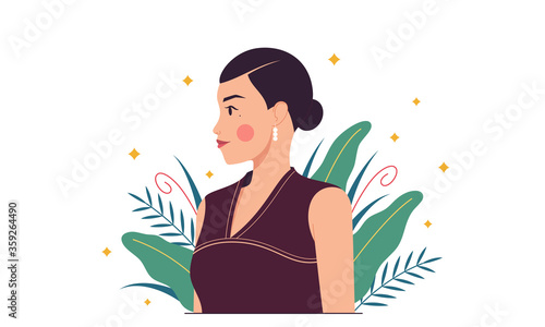 Asian fashion woman, minimalist style. Eastern lady among tropical plants, herbs, leaves