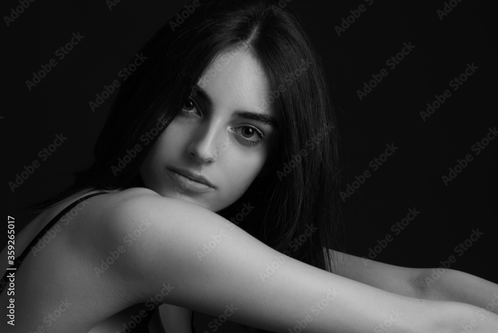 portrait of fashion model beautiful girl with freckles in studio, close up, beautiful girl young woman