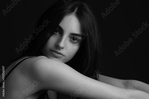 portrait of fashion model beautiful girl with freckles in studio, close up, beautiful girl young woman © oreans