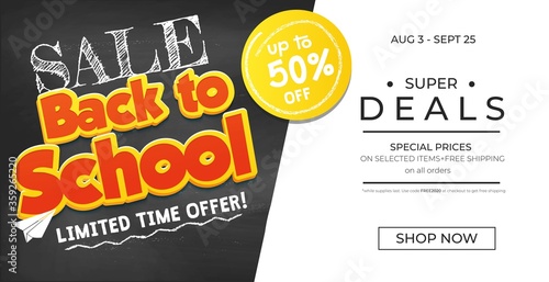Promotional banner back to school with chalkboard and promotional offers. Chalkboard background with sale text. Vector illustration.Back to school sale promo banner template vector illustration.
