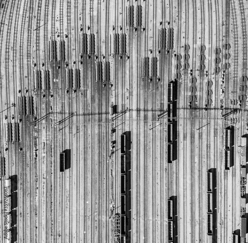 large network of railway tracks of a huge marshalling yard. Smooth transition view of metropolis. Yekaterinburg, Russia.