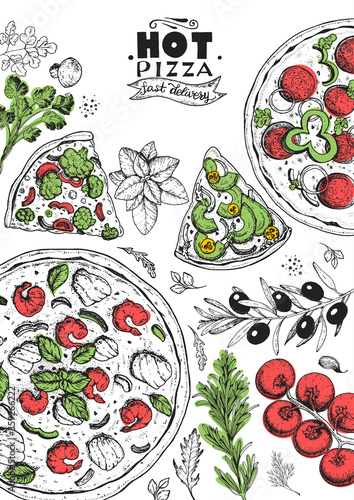 Italian pizza and ingredients top view frame. Italian food menu design template. Vintage hand drawn sketch, vector illustration. Engraved style illustration. Pizza label for menu.