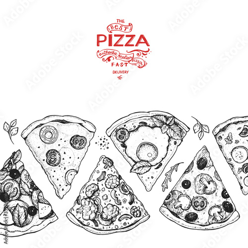Italian pizza top view . Italian food menu design template. Vintage hand drawn sketch, vector illustration. Engraved style illustration. Pizza label for menu.