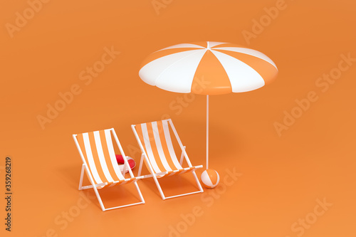 Sunshade, beach chair with orange background, 3d rendering.