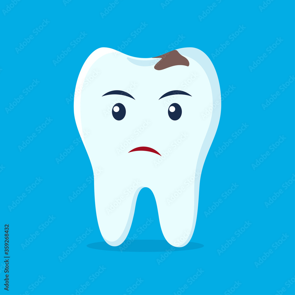 Tooth with caries icon. Unhappy cute tooth character. Caries tooth. Dental personage vector illustration. Illustration for children dentistry. Oral hygiene, teeth cleaning. Tooth with caries icon. Unhappy cute tooth character. Caries tooth. Dental personage vector illustration. Illustration for children dentistry. Oral hygiene, teeth cleaning.