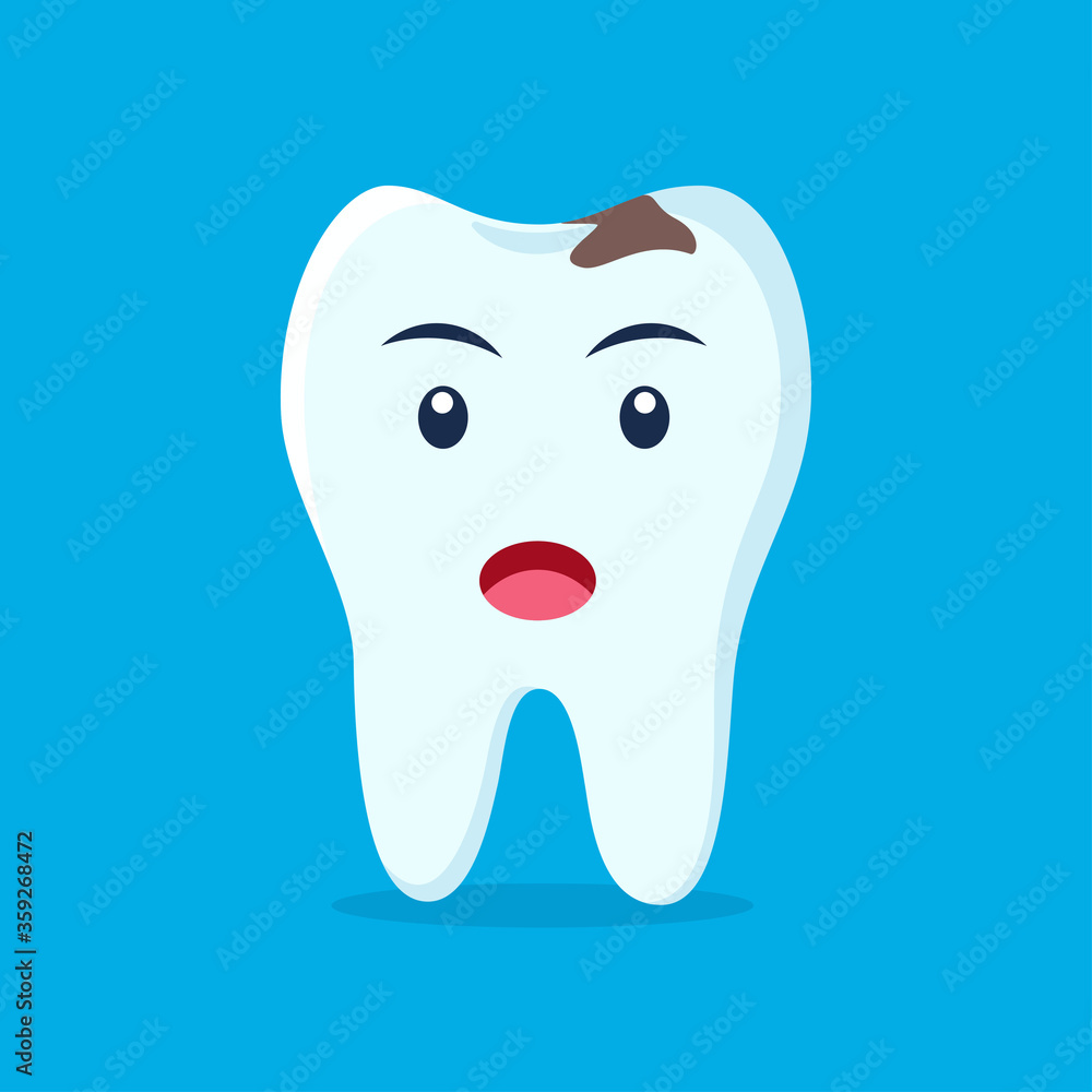 Tooth with caries icon. Unhappy cute tooth character. Caries tooth. Dental personage vector illustration. Illustration for children dentistry. Oral hygiene, teeth cleaning. Tooth with caries icon. Unhappy cute tooth character. Caries tooth. Dental personage vector illustration. Illustration for children dentistry. Oral hygiene, teeth cleaning.