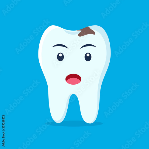 Tooth with caries icon. Unhappy cute tooth character. Caries tooth. Dental personage vector illustration. Illustration for children dentistry. Oral hygiene, teeth cleaning.