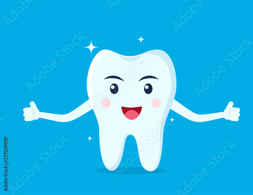 Healthy happy tooth character smiling and showing OK. Vector illustration in flat style.