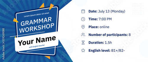 A blue abstract banner vector template e-mail, party, workshop, event, webinar, a conference on pop art background