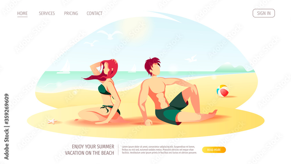 Website design with couple sitting on the seashore sand. Vector Illustration for Beach Holidays, Summer vacation, Leisure, Recreation. Website design with couple sitting on the seashore sand. Vector Illustration for Beach Holidays, Summer vacation, Leisure, Recreation.