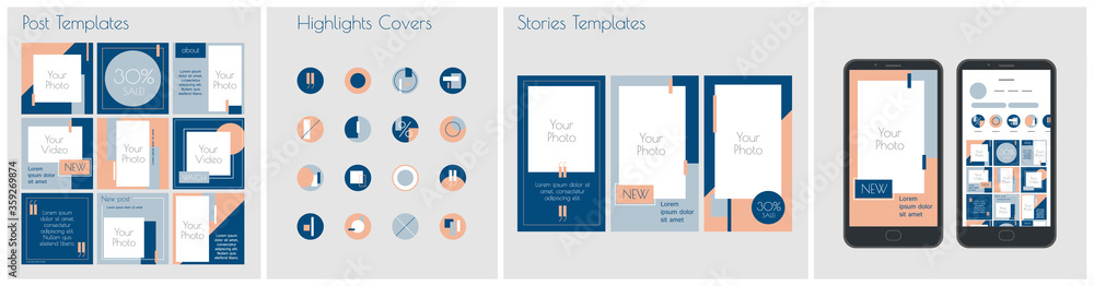 Modern editable Blue template for social networks stories and posts, vector illustration. Design backgrounds for social media.
 - obrazy, fototapety, plakaty 