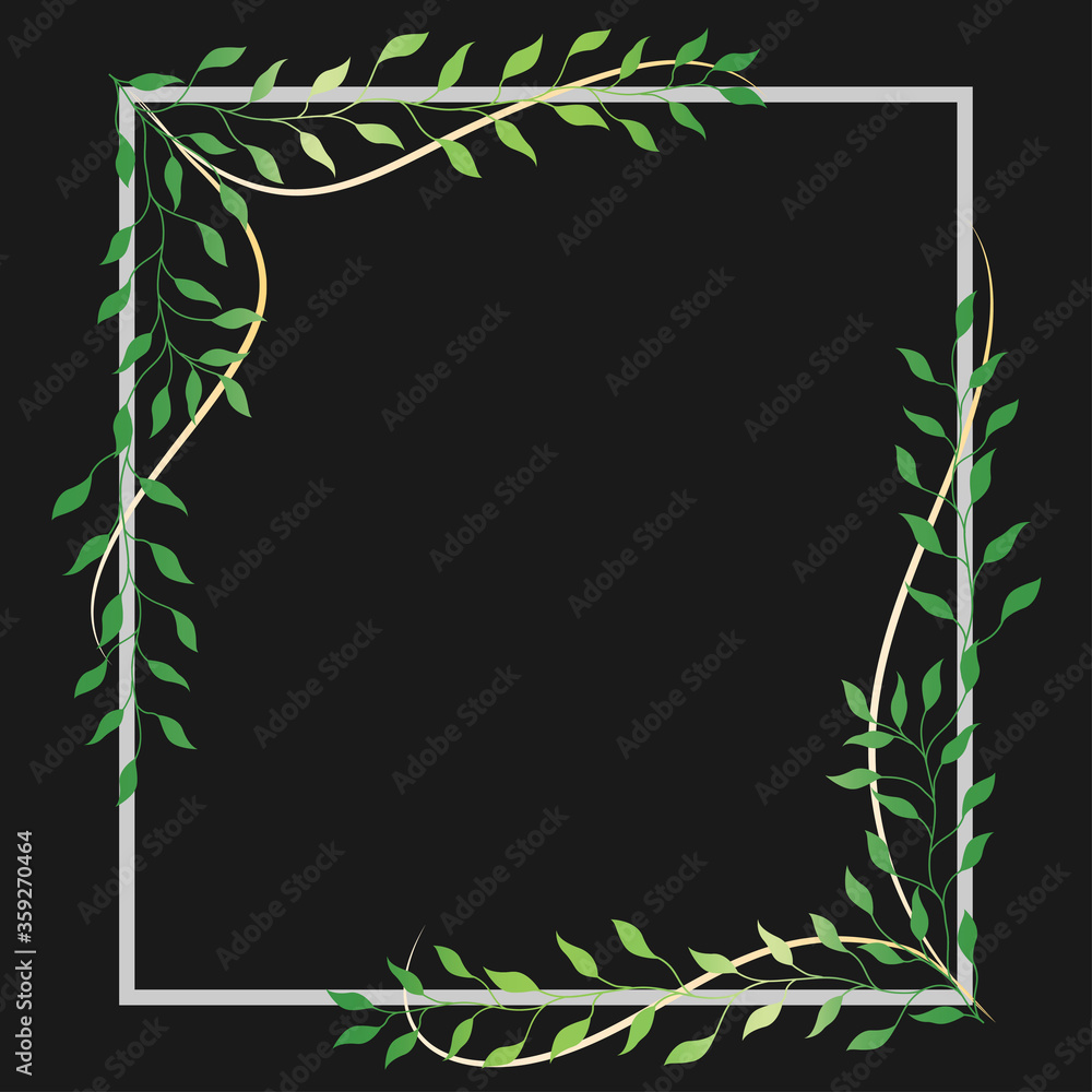 Green leaves with frame on black background,greeting cards design. Green leaves with frame on black background,greeting cards design.