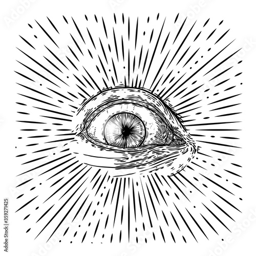 All seeing eye or Eye of Providence on decorative background sacred geometry. Ancient mystical sacral Masonic symbol. Hand drawn alchemy, religion and spiritual occultism. Conspiracy theory vector.