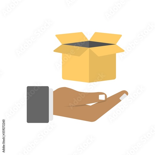Hand holding open carton box icon illustration. Flat design style.