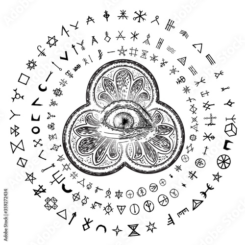 Fortune Teller or witch magic symbols spell with all seeing eye. Mystic and occult symbols. Palmistry concept of spirituality, astrology and esoteric concept. Magic black ink tattoo flash idea. Vector