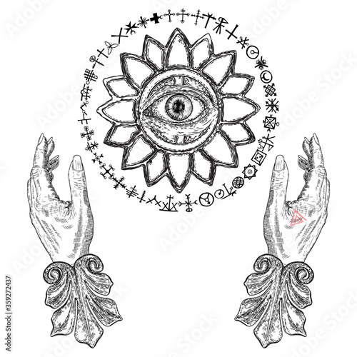 Fortune Teller hands or witch hands with all seeing eye. Mystic and occult symbols. Palmistry concept of spirituality, astrology and esoteric concept. Magic black ink tattoo flash idea. Vector