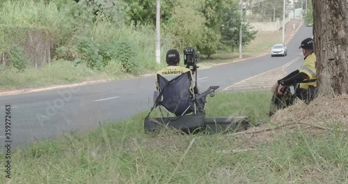 Mobile police radar for traffic speed control installed a avenue in Ribeirão Preto to control the speed limit. 4K photo