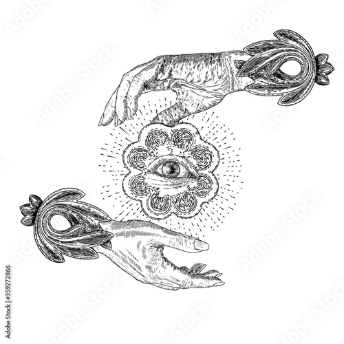 Fortune Teller hands or witch hands with all seeing eye. Mystic and occult symbols. Palmistry concept of spirituality, astrology and esoteric concept. Magic black ink tattoo flash idea. Vector