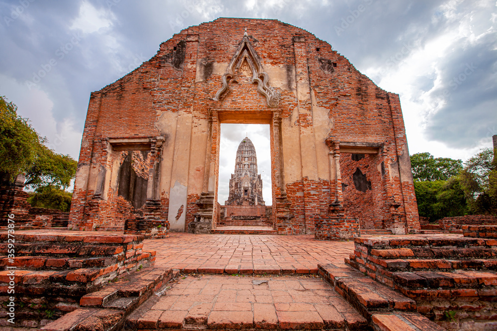 Old paoda Wat Chaiwattanaram the historical temple in Ayutthaya Thailand.