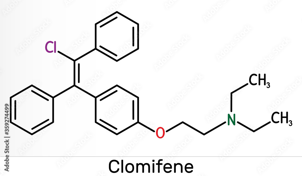 Clomifene, clomiphene, enclomifene, E-isomer molecule. It is an oral agent used to treat infertility in women. Skeletal chemical formula