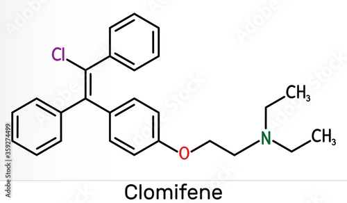 Clomifene, clomiphene, enclomifene, E-isomer molecule. It is an oral agent used to treat infertility in women. Skeletal chemical formula