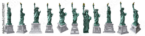 US Statue of Liberty set drawings in color. USA New York city famous tourist landmark. Poster or flyers sculpture illustrations elements. Hand drawn logo of American symbol for presentations. Vector.