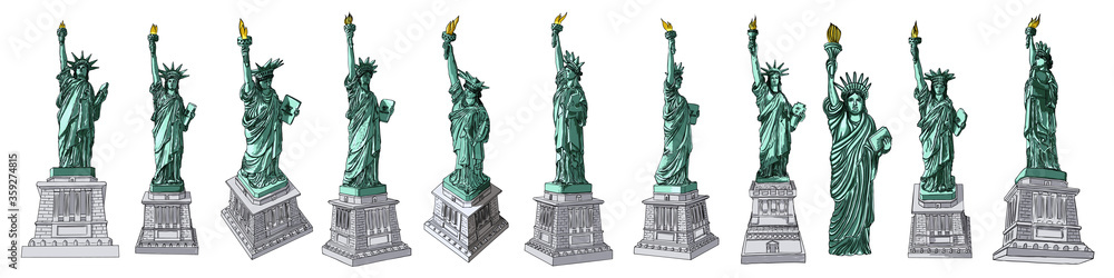 Fototapeta premium US Statue of Liberty set drawing. USA New York city famous tourist landmark. Poster or flyers sculpture illustration element. Hand drawn logo of American symbol for presentations. Vector.