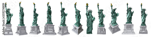 US Statue of Liberty set drawings in color. USA New York city famous tourist landmark. Poster or flyers sculpture illustrations elements. Hand drawn logo of American symbol for presentations. Vector.