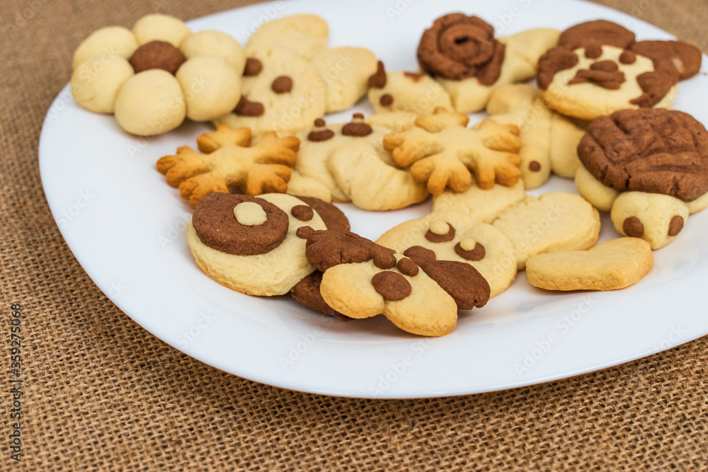 homemade cookies in the shape of dog, heart, elephant, butterfly, snowflake, slug, turtle, heart, rabbit, chamomile and owl in the tray. animal shaped cookies made for children. homemade cookies in the shape of dog, heart, elephant, butterfly, snowflake, slug, turtle, heart, rabbit, chamomile and owl in the tray. animal shaped cookies made for children.