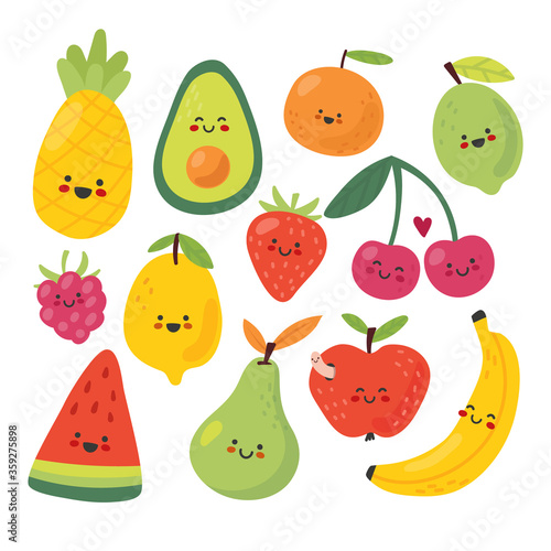 Fototapeta Naklejka Na Ścianę i Meble -  Kawaii cute fruits with smile faces. Cartoon Vector Illustration set. Summer doodle fresh Fruits - apple, banana, orange, cherry, lime, lemon, avocado, piapple, strawberry.