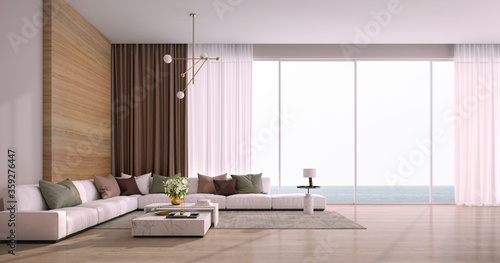 Modern luxury house.Sofa in living room with sea view outside.Vacation home or holiday villa.3d rendering