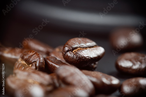 French press coffee with chocolate spices and fruits, macro texture