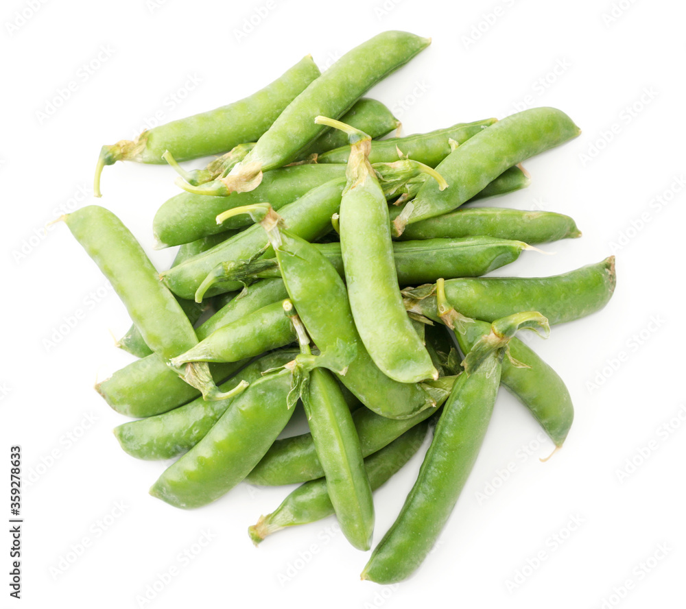 A pile of peas pod on a white background, isolated. The view from top