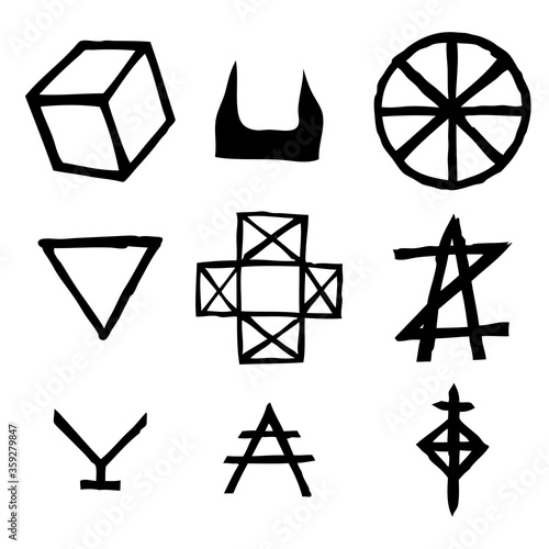 Set of esoteric symbol design elements. Imaginary handwritten alchemy signs, space, spirituality, inspired by mysticism, freemasonry, astrology. Vector .