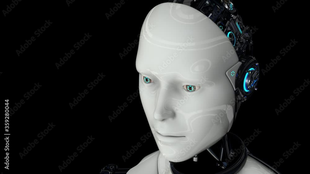 Robot android is activated, moves its head, eyes and scans the environment. Artificial intelligence. The camera moves away. 4K. 3D animation. On a black background. Robot android is activated, moves its head, eyes and scans the environment. Artificial intelligence. The camera moves away. 4K. 3D animation. On a black background.