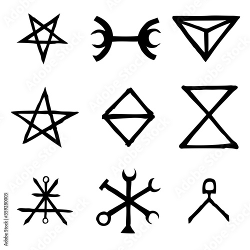 Wiccan symbols imaginary cross symbols, inspired by antichrist pentagram and witchcraft. Vector.