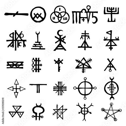 Mystic set with magic circles, pentagram and imaginary chakras symbols. Collection of icons with witchcraft and occult hand writing letters. Esoteric concept. Vector