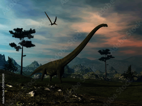 Mamenchisaurus dinosaur walk by sunset © Elenarts