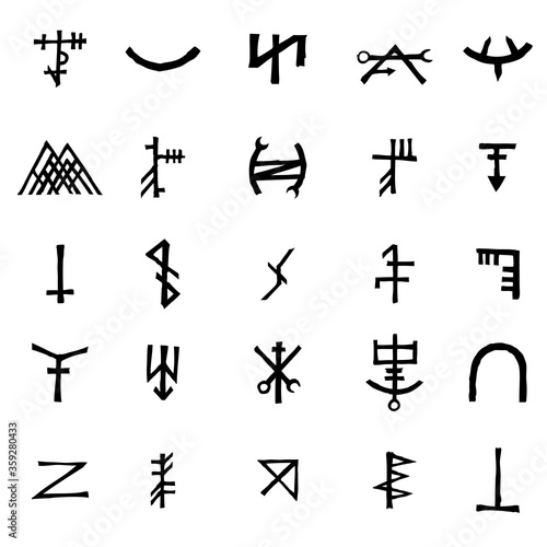 Set of alchemical symbols isolated on white background. Hand drawn and written elements for signs design. Inspiration by mystical, esoteric, occult theme. Vector.