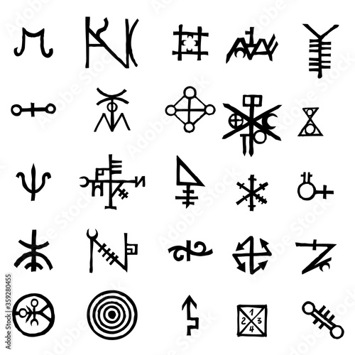 Set of alchemical symbols isolated on white background. Hand drawn and written elements for signs design. Inspiration by mystical  esoteric  occult theme. Vector.