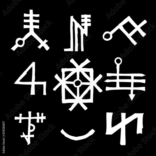 Mystic set with magic circles, pentagram and imaginary chakras symbols. Collection of icons with witchcraft and occult hand writing letters. Esoteric concept. Vector