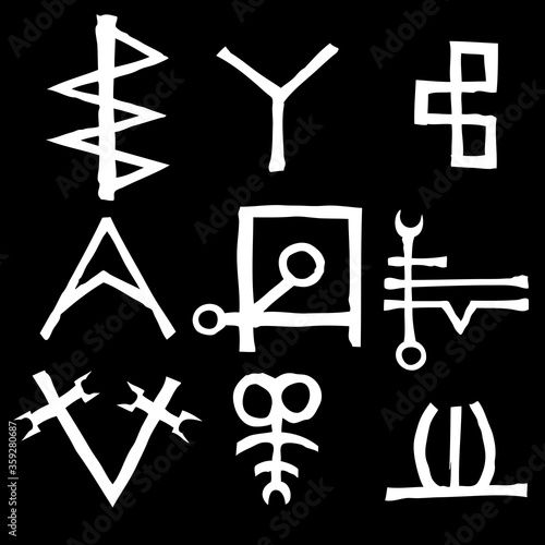 Set of alchemical symbols on the theme of old manuscript with occult lyrics alphabet and symbols. Esoteric written signs inspired by medieval writings. Vector