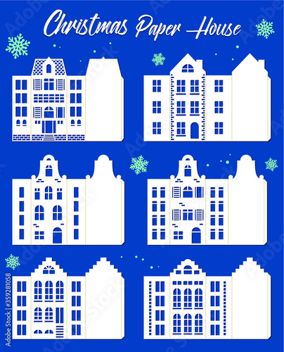 Christmas LED light box template for laser cut. Silhouette of Amsterdam style paper houses lantern. Set of buildings in old European fashion. Wood carving template.  Scalable vector. Paper cutout.