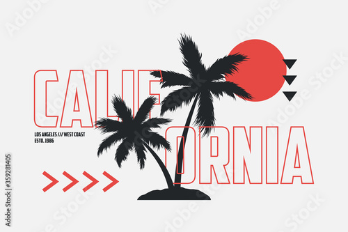 California t-shirt design with palm trees and outline text. Modern typography graphics for tee shirt. Los Angeles apparel print with palms and sun. Vector illustration.