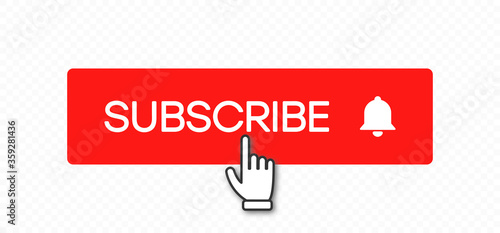 Subscribe button and hand click pointer cursor. Social media red buttons of bell and subscribe to channel or blog. Template with shadow on transparent background. Vector illustration.
