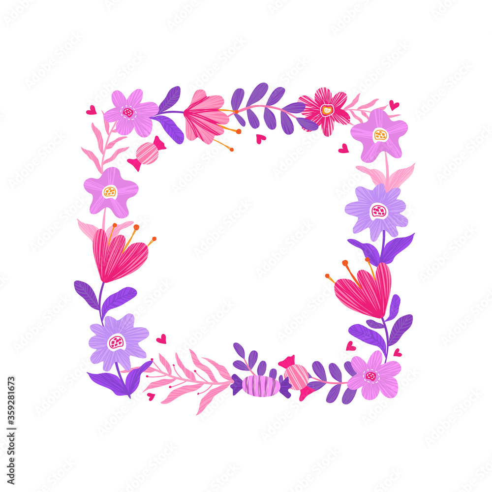 Doodle vector flower frame. Square photo frame. Cute design for greeting cards or posters.
