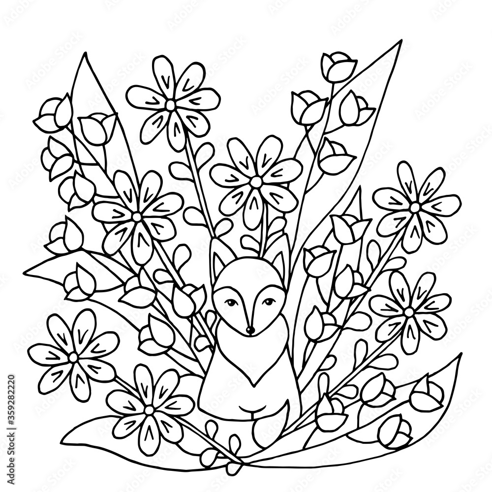 Coloring page with fox and flowers Stock Vector | Adobe Stock