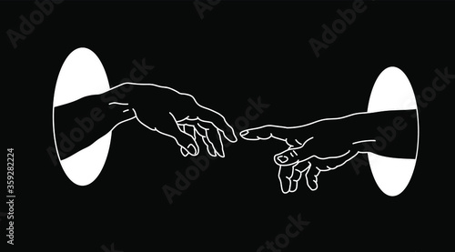 The Creation of Adam in Old school (tattoo) style. Hand drawn illustration from a section of Michelangelo's fresco Sistine.