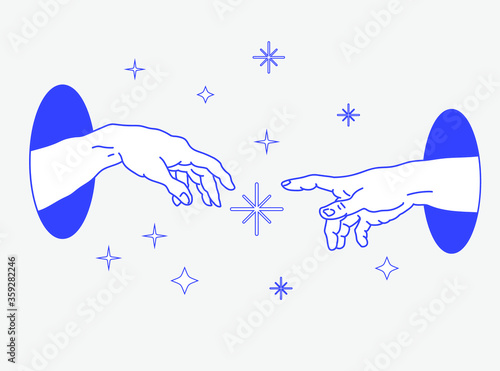 The Creation of Adam in Old school (tattoo) style. Hand drawn illustration from a section of Michelangelo's fresco Sistine.